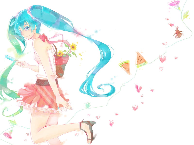 Hatsune Miku, pretty, colorful, bonito, bow, thighhighs, anime, flowers, vocaloids, blue eyes, vocaloid, art, beetle, ice cream, twintail, food, bugs, skirt, miku, corazones, cute, hatsune, blue hair, watermelon, insect, water colors, HD wallpaper