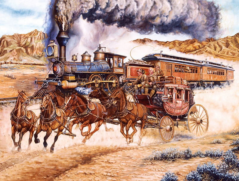 Machine vs. Mail Coach, locomotive, railway, train, painting, steam, horses, HD wallpaper