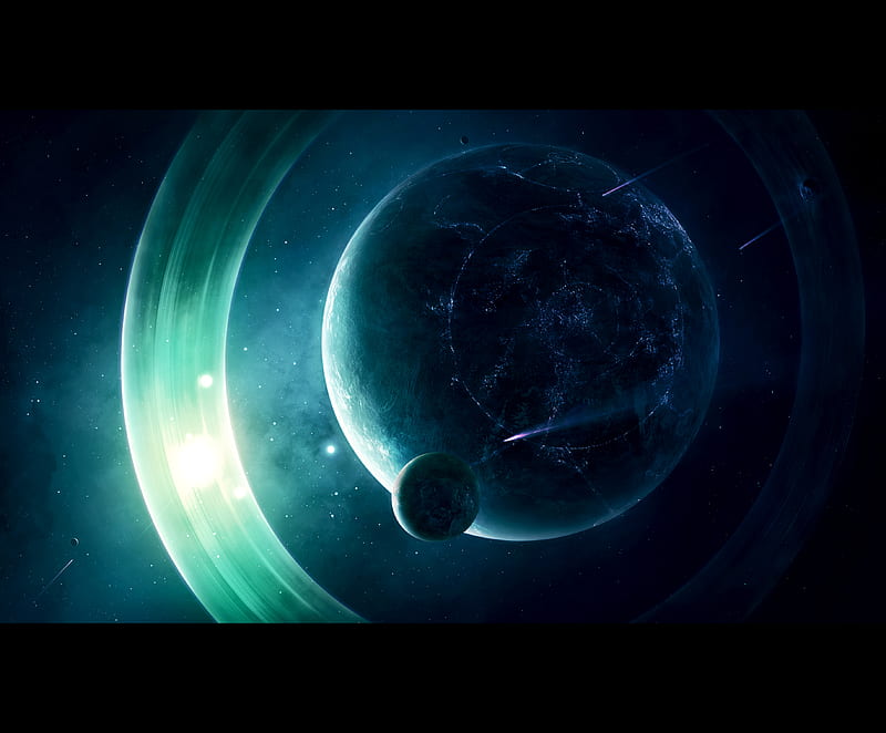 Emerald World/Space, mystery, space, emerald, rings, moon, planet, dark, light, blue, HD wallpaper