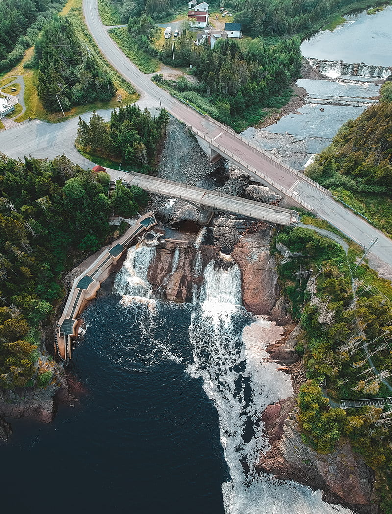 dam, road, aerial view, river, trees, HD phone wallpaper
