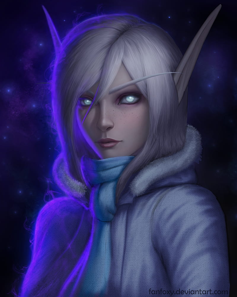 Fanfoxy, drawing, women, elves, silver hair, glowing eyes, freckles, looking at viewer, scarf, hoods, stars, portrait, HD phone wallpaper