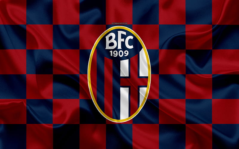 Bologna FC logo, creative art, blue red checkered flag, an Italian football club, emblem, silky texture, Serie A, Bologna, Italy, HD wallpaper