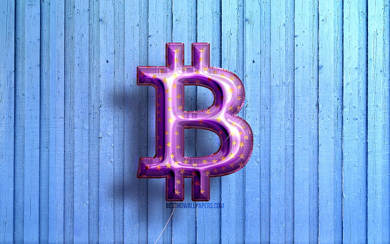Bitcoin logo, violet realistic balloons, cryptocurrency, Bitcoin 3D logo, blue wooden backgrounds, Bitcoin, HD wallpaper