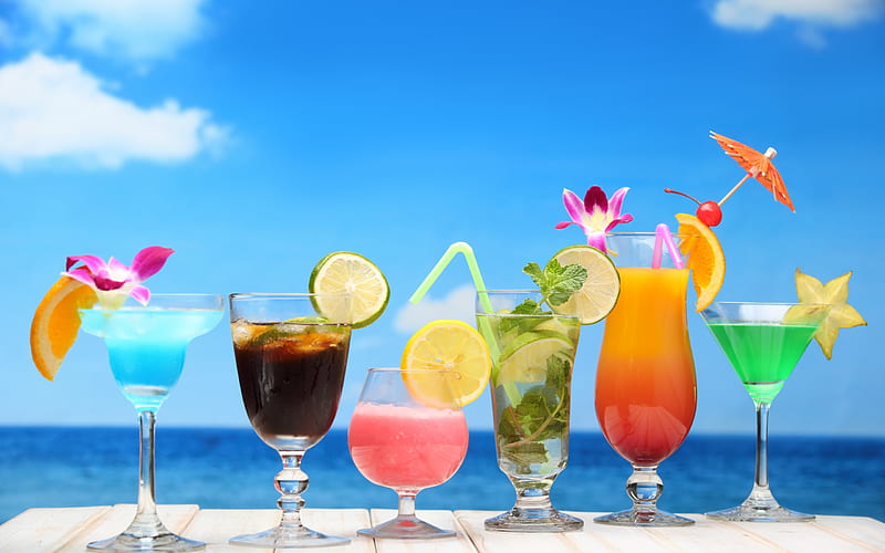 Summer cocktails, summer drinks, beach, summer, sea, tropical cocktails, HD wallpaper