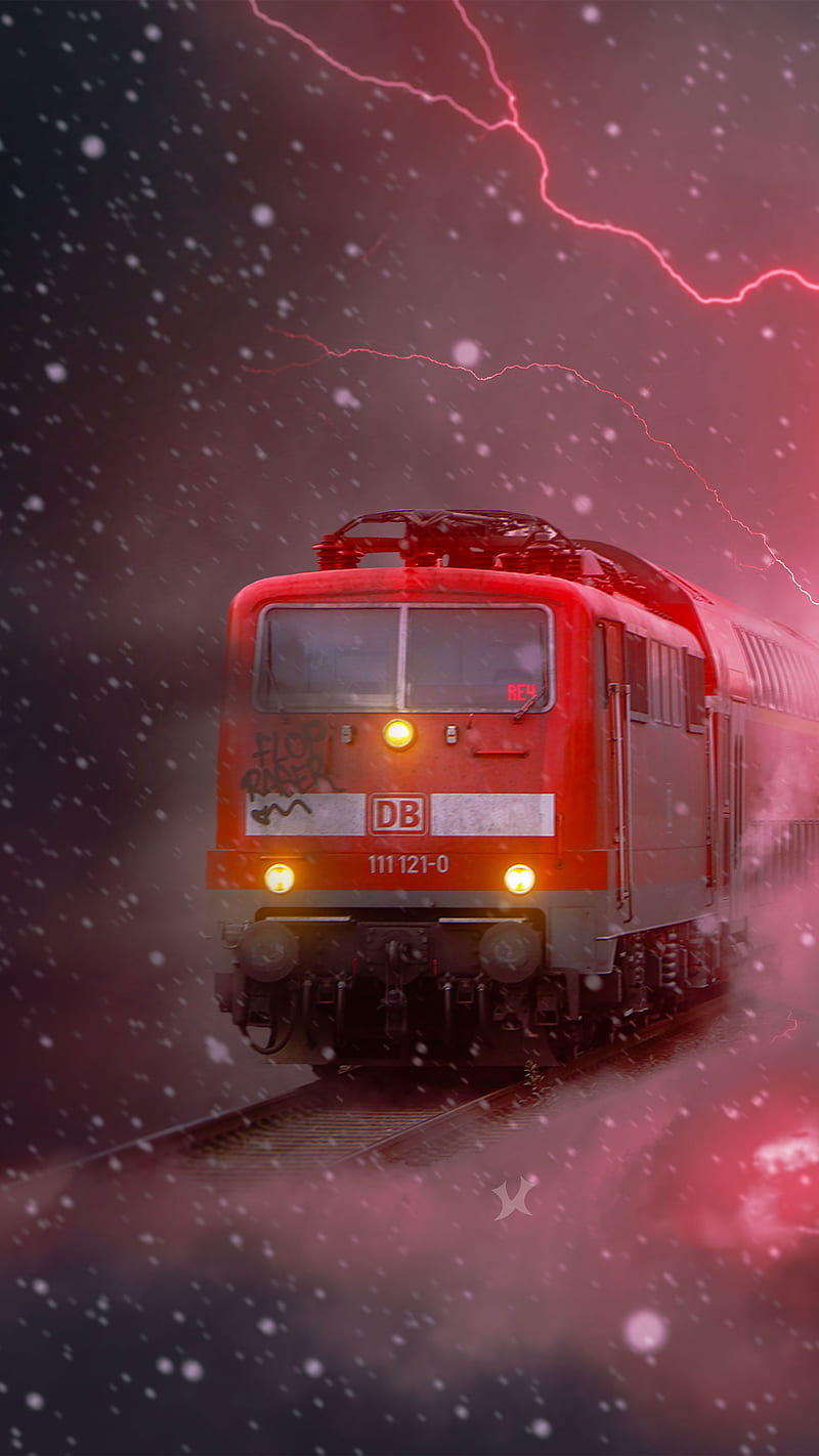 Thunder Train, Train, aesthetic, cloud, manipulation, red, redxarts, snow, surreal, thunder, HD phone wallpaper