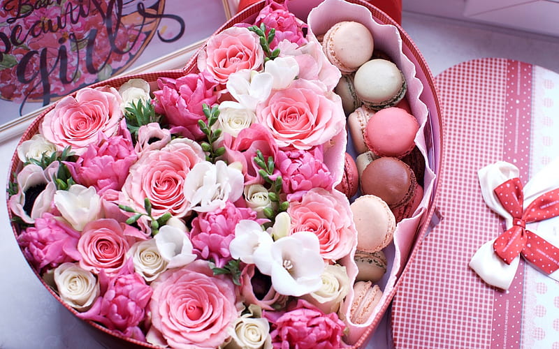 Valentine's Day, romantic gift, roses, heart of flowers, pink roses, chocolate candies, February 14, surprise, HD wallpaper