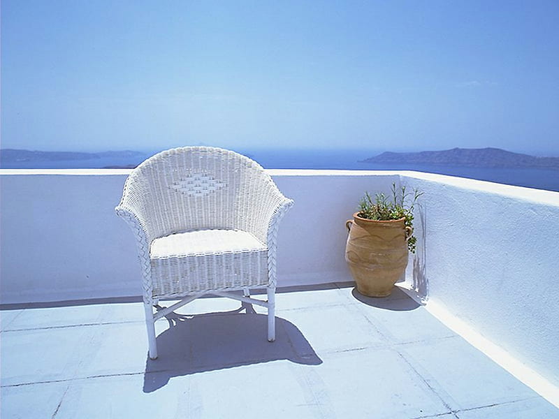 Come See The View, water, planter, white patio, nature, sky, white chair, HD wallpaper