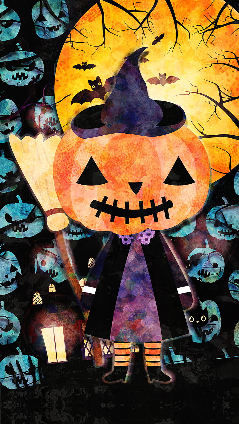 Jack O'Lantern Witch, Adoxali, Halloween, Jack, October, bat, black, broom, broomstick, carved, creature, creepy, cute, dark, fun, funny, hat, haunted, holiday, horror, illustration, kawaii, magic, mystery, night, party, pumpkin, scary, season, silhouette, spooky, spoopy, treat, trick, trick or treat, witch, HD phone wallpaper