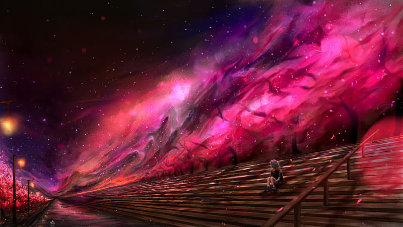 Nebula Sakura Cherry Blossom Galaxy , anime, artist, artwork, digital-art, , alone, HD wallpaper