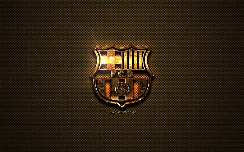 FC Barcelona, golden logo, Spanish football club, golden emblem, Barcelona, Catalonia, Spain, La Liga, golden carbon fiber texture, football, Barcelona logo, HD wallpaper