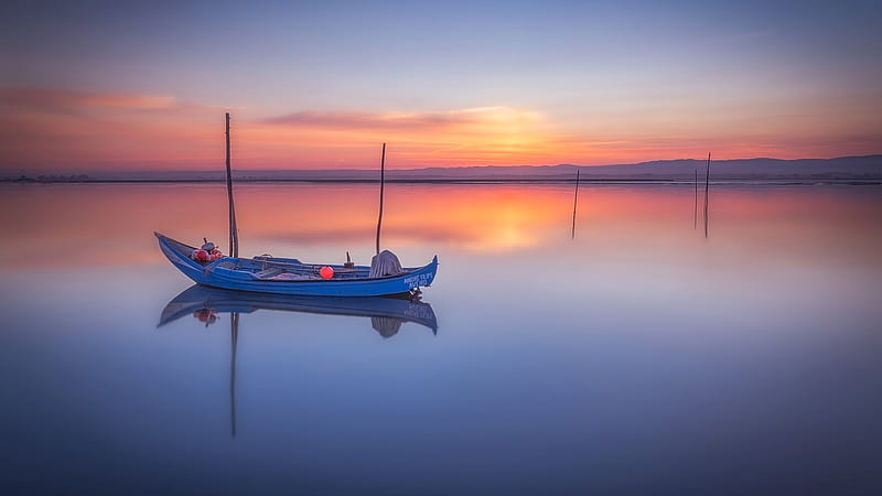 Boat On Lake Horizon During Dawn Morning Nature, HD wallpaper