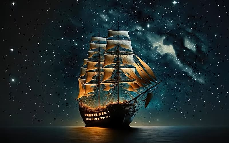 Happiness is a tall ship and the stars to steer by, ocean, artwork, sailing, digital, night, stars, HD wallpaper