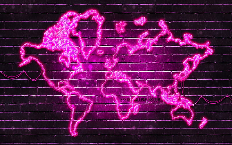 Purple neon World Map purple brickwall, World Map Concept, Purple World Map, World Maps, HD wallpaper