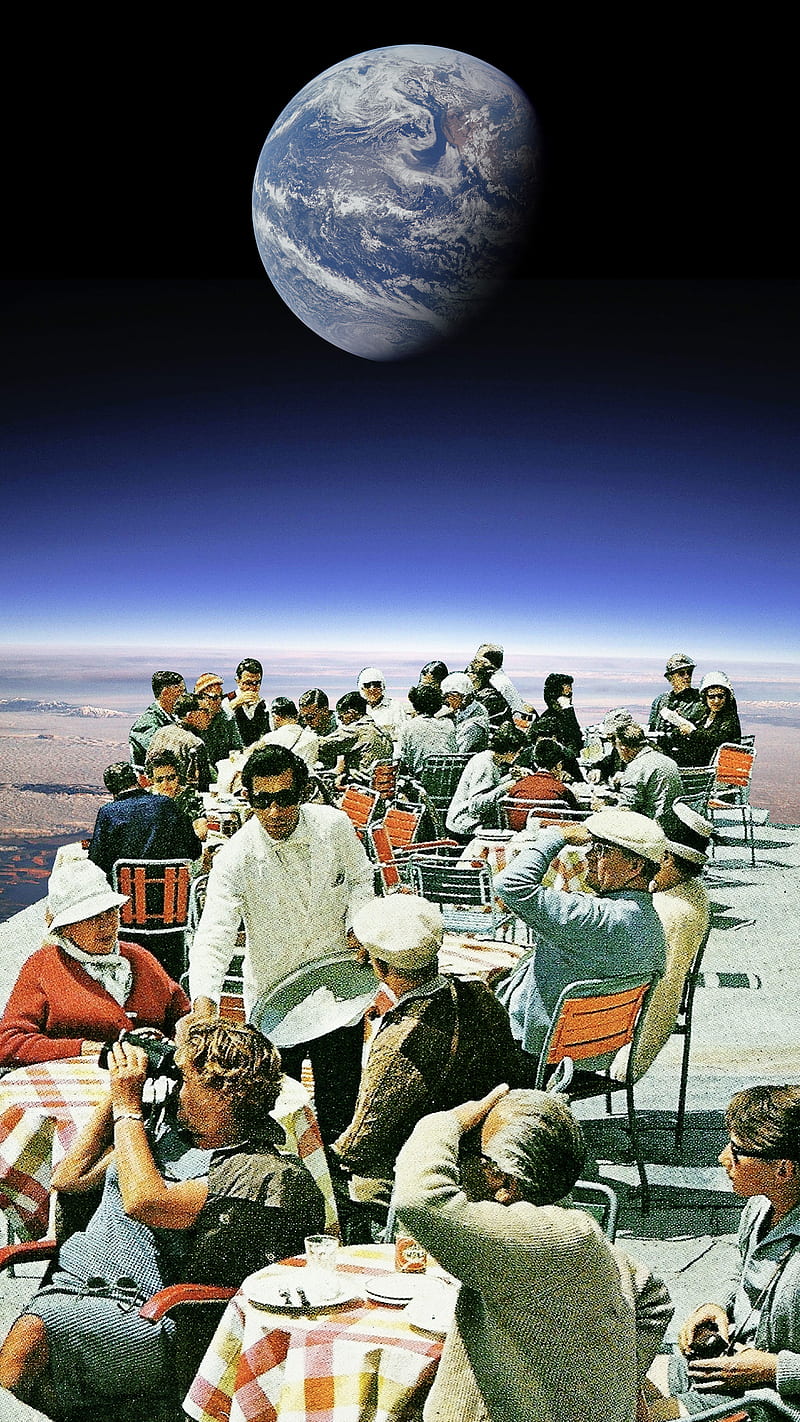 Space Restaurant, Taudalpoi, collage, cool, earth, planet, retro, surreal, surrealism, vintage, HD phone wallpaper