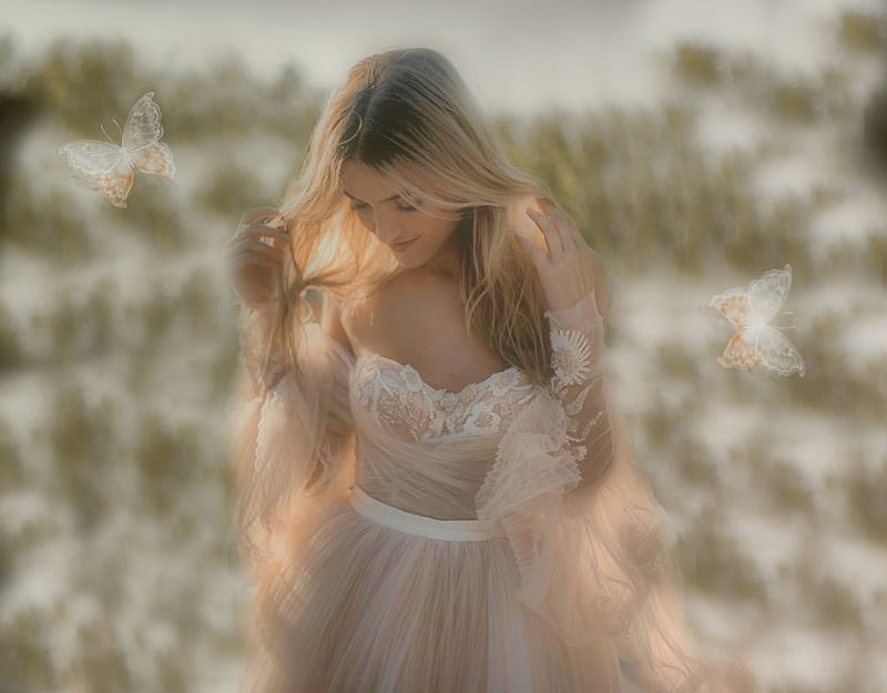 Ethereal Fantasy Gown, pretty, lovely, stunning, gown, butterflies, women are special, bonito, delicate, lips nails eyes hair art, fantasy, etheral women, pastel, female trendsetters, gorgeous, HD wallpaper