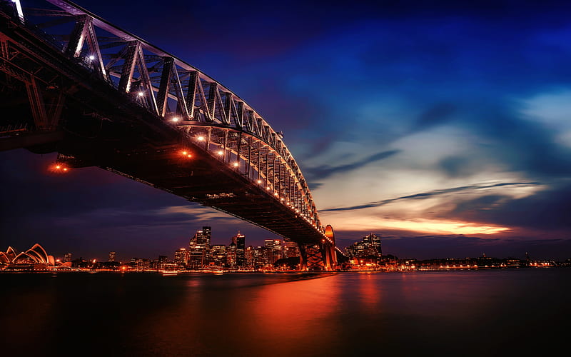 Harbour Bridge, Sydney, Australia, skyscrapers, evening, sunset, cityscape, city lights, Opera House, Sydney Harbour, HD wallpaper