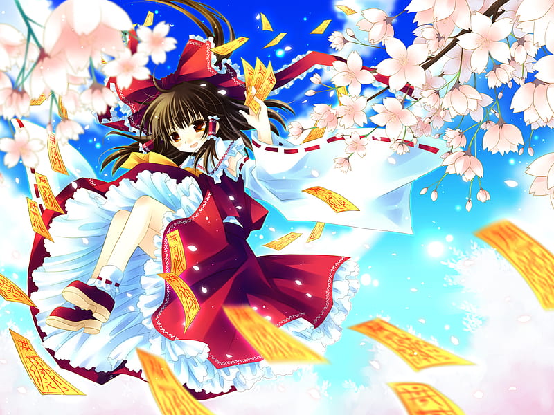 Hakurei Reimu, red, ribbon, bow, kimono, cherry blossom, anime, flowers, petals, paper, frills, charms, HD wallpaper