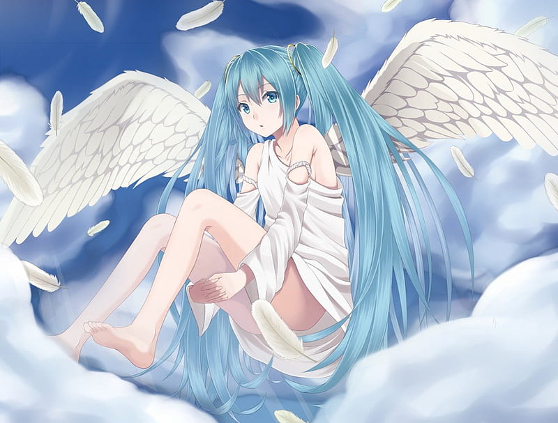 angel miku, vocaloid, wings, hatsune miku, music, angel, manga, video game, anime, feathers, HD wallpaper
