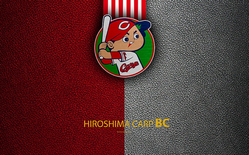 Hiroshima Toyo Carp Japanese baseball club, logo, leather texture, Hiroshima, japan, Nippon Professional Washövall, baseball, HD wallpaper