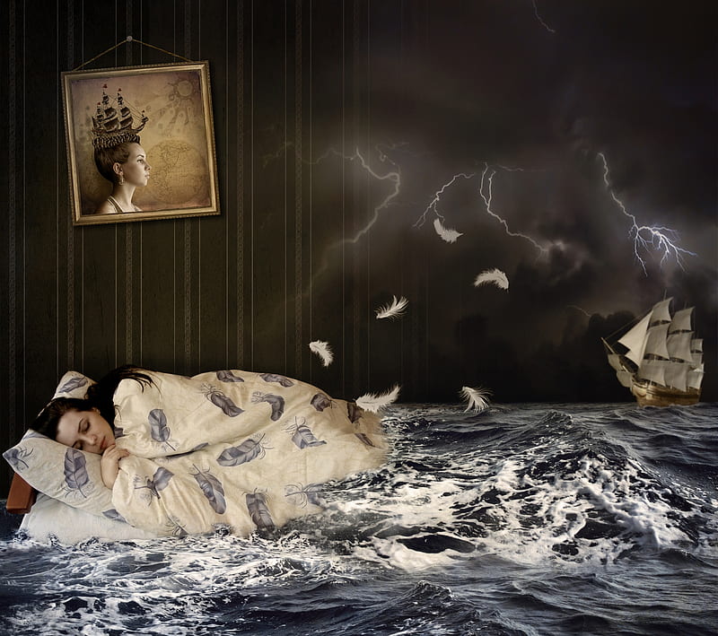 Dreaming, sleep, black, phantasmagoria, sea, fantasy, water, girl, ship, funny, white, dream, HD wallpaper