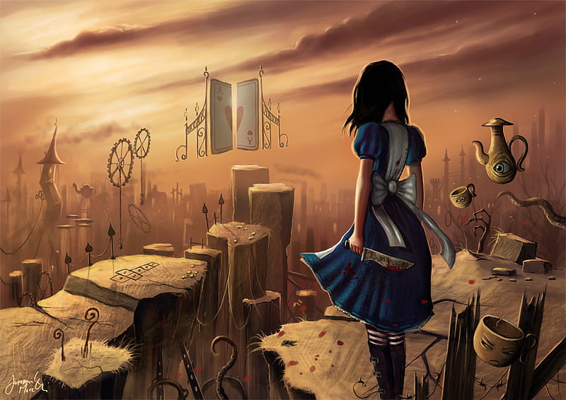 Alice, games, video games, clouds, knife, fantasy, cogs, female