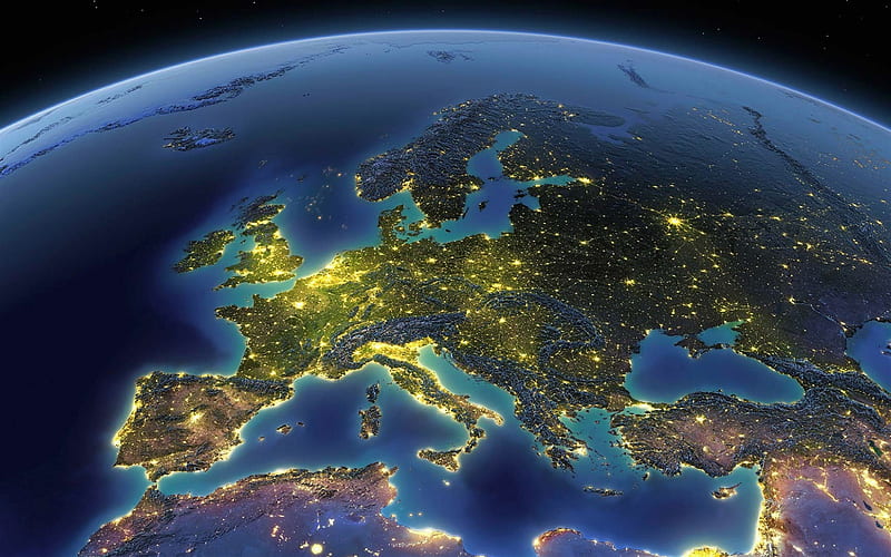 Europe from space, night, Earth, lights of cities, Europe, the Mediterranean Sea, HD wallpaper