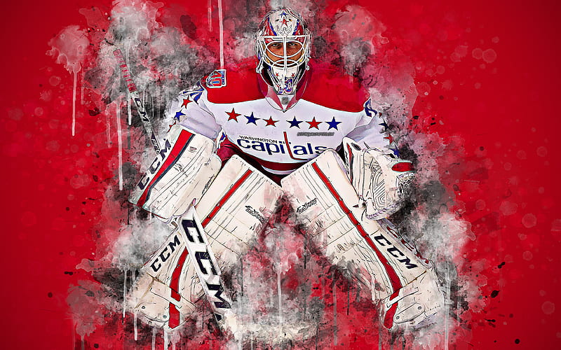 Braden Holtby Canadian hockey player, grunge art, splashes of paint, red background, goalkeeper, Washington Capitals, NHL, USA, Canada, creative art, HD wallpaper