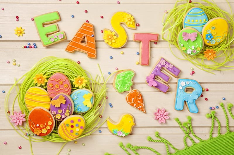 Easter, colorful, glaze, holiday, decoration, sweet, cookies, letters, eggs, pastel, HD wallpaper