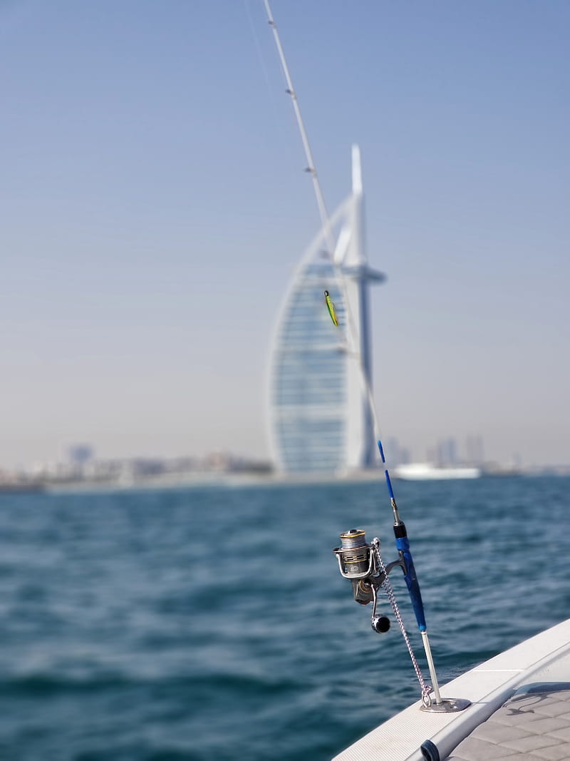 Burj Al Arab, boat, dubai, fish, fishing, reel, rod, HD phone wallpaper