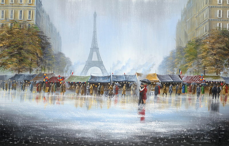 April in Paris, april, france, painting, paris, eiffel, rain, couple, HD wallpaper