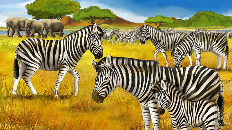 Zebras and Elephants, herds, elephants, grass, Africa, prairie, zebras, trees, sky, HD wallpaper