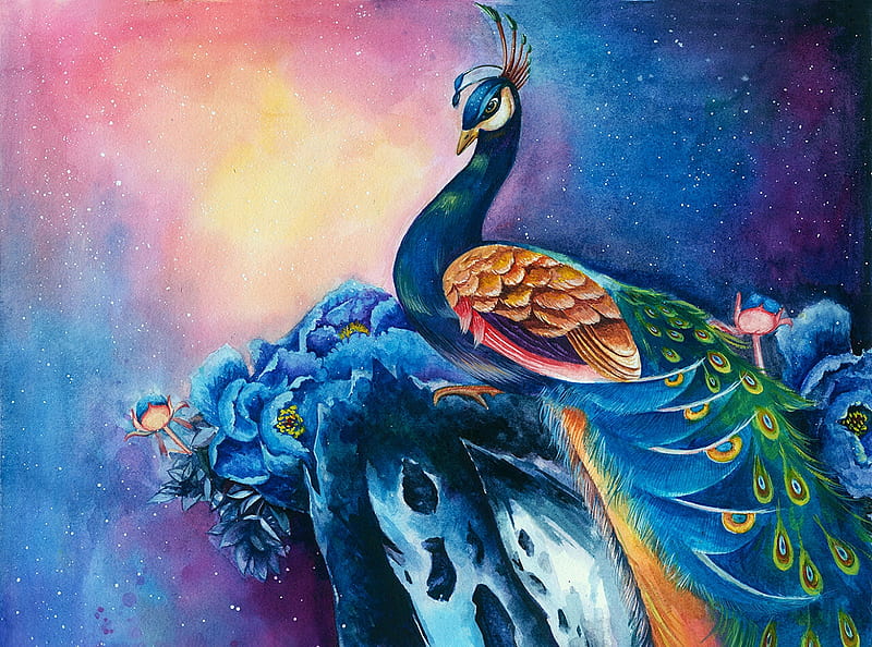 Peacock, pasari, mr, blue, art, luminos, fantasy, mrart, bird, green, paun, feather, HD wallpaper
