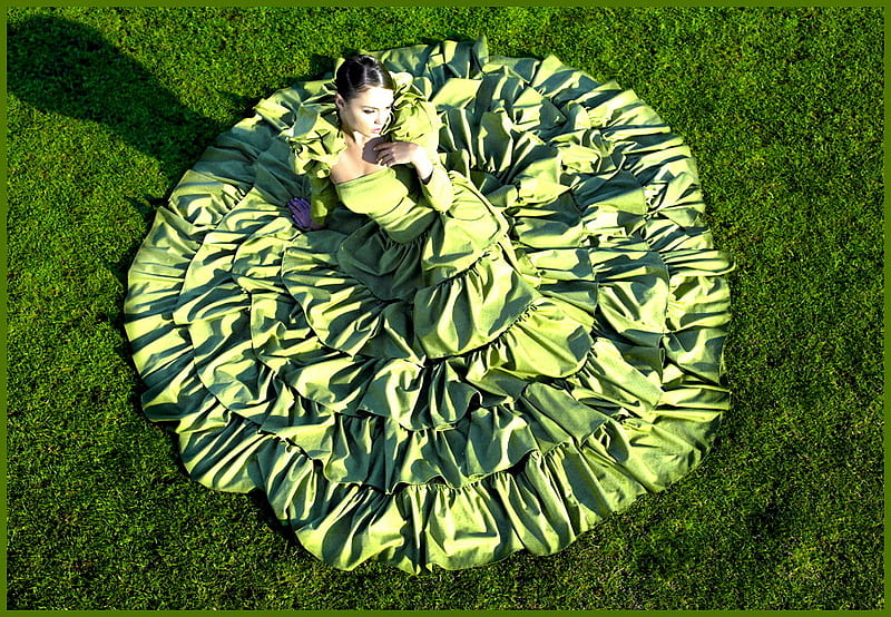 Beauty in green, posing, satin, green, grass, gown, sunshine, woman, HD