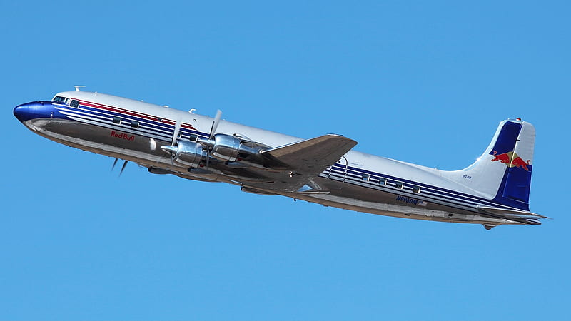 Douglas DC6, bulls, airliner, dc6, airplane, plane, antique, douglas, flying, dc-6, classic, redbull, HD wallpaper