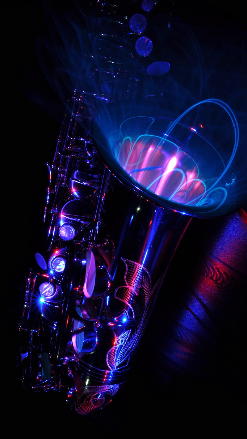 Glowing Saxophone , musical instrument, abstraction, lighting, instrument, music, HD phone wallpaper