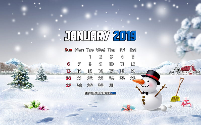 Calendar January 2019 snowman, 2019 calendar, winter landscape, January 2019, calendar with snowman, 2019 calendars, HD wallpaper
