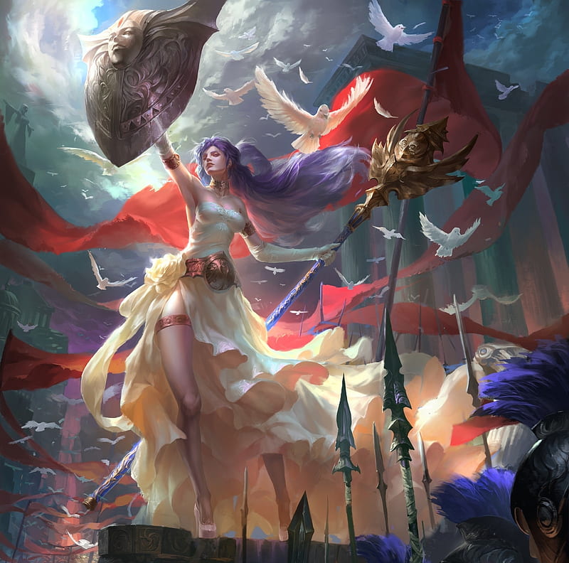Athena, fantasy, luminos, girl, shield, goddess, dove, chen gang, HD  wallpaper | Peakpx