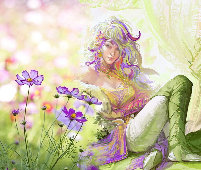 Fantasy girl, art, fantasy, vara, green, exellero, flower, summer, pink, luminos, HD wallpaper