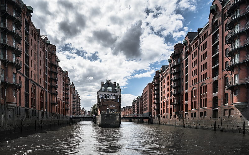 Hamburg, Speicherstadt, summer, harbor, old houses, landmarks, Germany, HD wallpaper