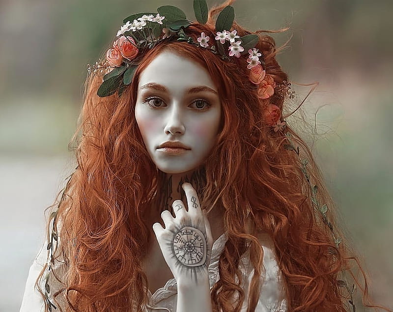 Beauty, wreath, redhead, girl, model, tattoo, flower, woman, agnieszka lorek, HD wallpaper