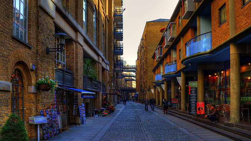 lovely london side street, cobblestones, stores, street, people, HD wallpaper
