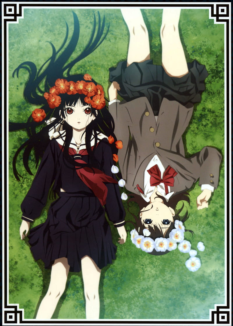 Jigoku Shoujo, anime girls, Enma Ai, anime, lying down, grass, dark hair, long hair, red eyes, HD phone wallpaper