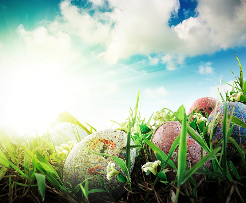 Happy Easter! , holidays, grass, fresh, spring, special day, sky, event, clods, Easter, green, eggs, sunshine, HD wallpaper