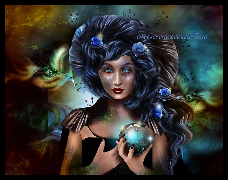 **Crystal Ball of Gothic **, pretty, background, magic, women, sweet, fantasy, splendor, gothic, love, emotional, flowers, face, lovely, models, blue roses, abstract, lips, cute, cool, crystal ball, hop, eyes, colorful, splendid, manipulation, bonito, digital art, hair, emo, Roserika, girls, gorgeous, female, colors, HD wallpaper