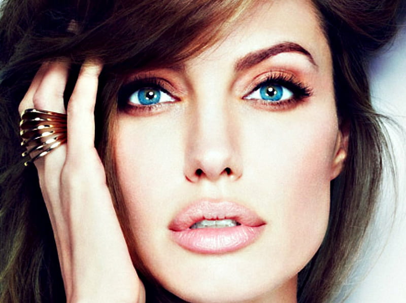 Angelina Jolie, woman, make-up, girl, actress, face, ring, eyes, blue, HD wallpaper