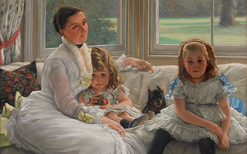 Portrait of Mrs Catherine Smith gill with two of her children, painting, jacques jospeh tissot, children, pictura, portrait, mother, woman, art, caine, dog, HD wallpaper