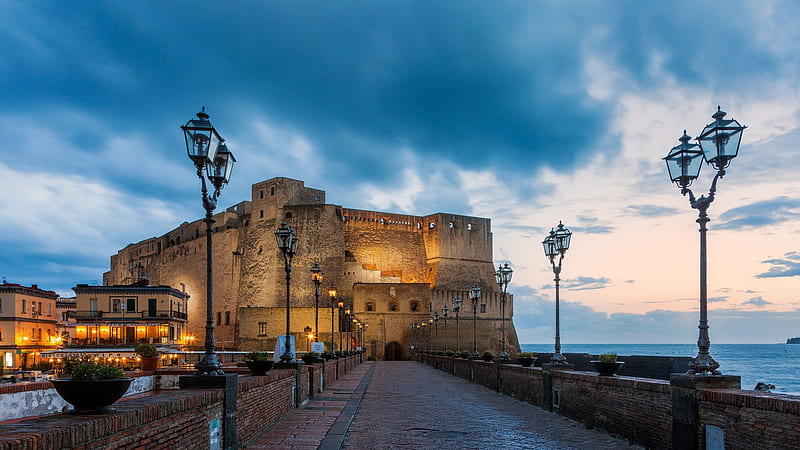 castle dell'ovo in naples italy, shore, dusk, clouds, castle, lights, HD wallpaper