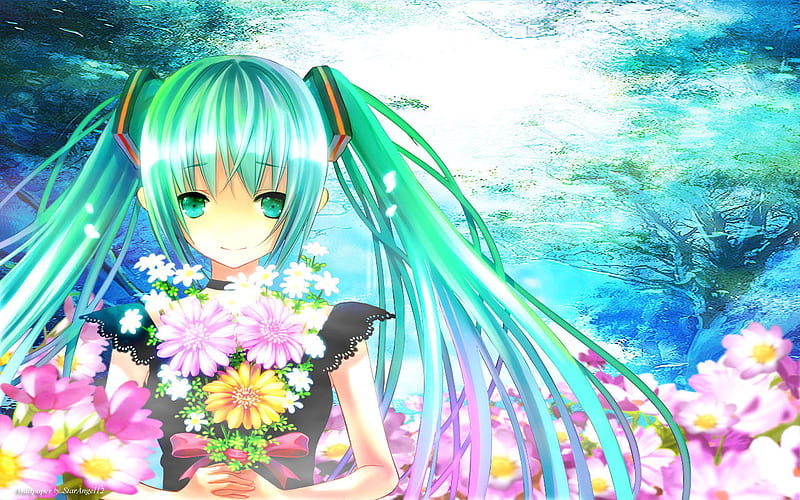 Flower Spring, hold, hair long, girl, hatsune miku, flower, miku ...