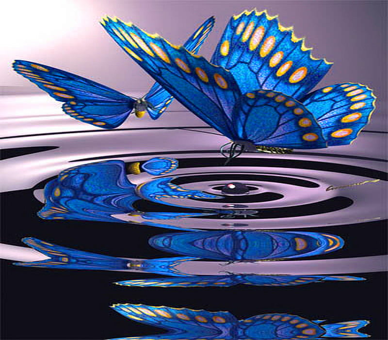 Butterfly pool, butterflies, pool, water, butterfly, blue and yellow, ripples, reflections, reflection, blue, HD wallpaper