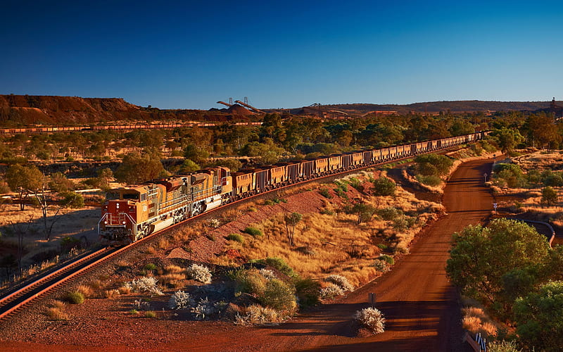cargo train, Australia, mines, desert, railway, trains, HD wallpaper